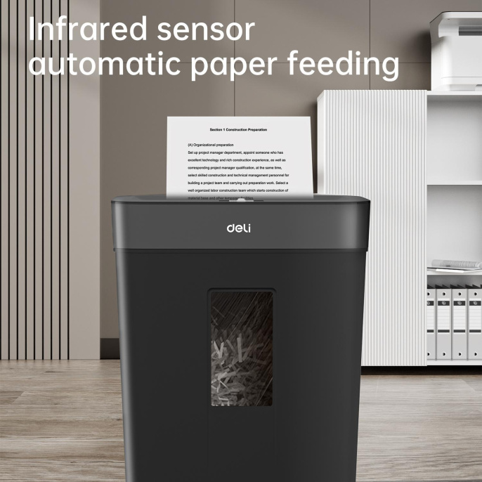 Уничтожитель бумаг Deli ET023,  с автоподачей,  P-4,  4х25 мм, 8 лист. одновременно, 15л
