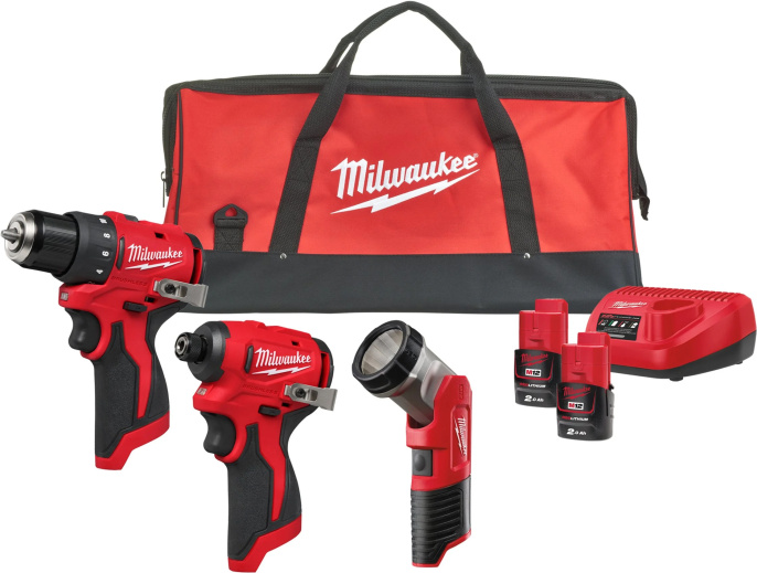 Набор инструментов Milwaukee M12BLPP3A-202B (4933499694) (в наборе: бесщеточная дрель-шуруповерт M12 BLDDRC-0, бесщеточный ударный гайковерт M12 BLIDRC-0, аккумуляторный фонарь M12 TLED-0, 2 аккумуляторных блока M12 B2, зарядное устройство: С12 С, сумка п