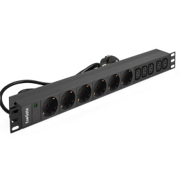 Блок розеток с кабелем с евровилкой ExeGate ServerPro PDU-19H011 Al-5C136S-EU2.5CU 19", 1U, Алюминий, 5*IEC 320 C13, 6*EU/Тип F Schuko ,Евровилка EU/Тип F Schuko VDE-250V-16A-3*1.5mm2, медь, 2.5 метра, индикатор питания, черный, RTL EX280869RUS
