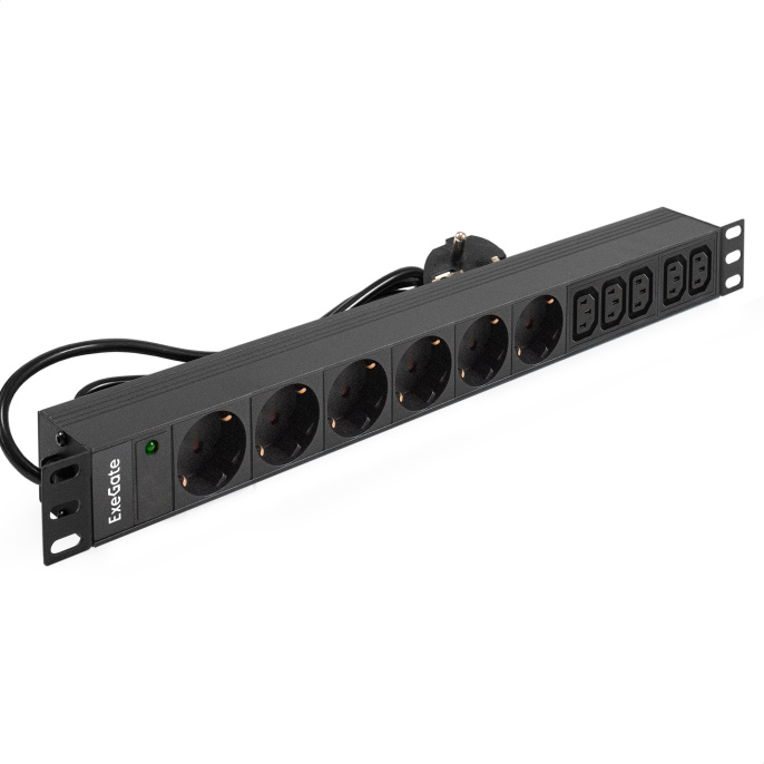 Блок розеток с кабелем с евровилкой ExeGate ServerPro PDU-19H011 Al-5C136S-EU2.5CU 19", 1U, Алюминий, 5*IEC 320 C13, 6*EU/Тип F Schuko ,Евровилка EU/Тип F Schuko VDE-250V-16A-3*1.5mm2, медь, 2.5 метра, индикатор питания, черный, RTL EX280869RUS