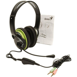 Гарнитура Genius HS-400A, 2х mini jack 3.5mm, полноразмерные наушники, регулятор громкости на проводе, длина провода 1,8м