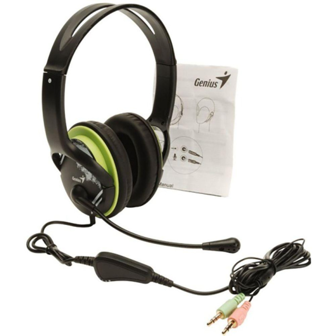 Гарнитура Genius HS-400A, 2х mini jack 3.5mm, полноразмерные наушники, регулятор громкости на проводе, длина провода 1,8м
