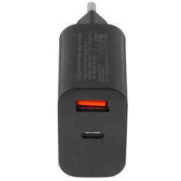 ORIENT PU-C20W, Сетевое зарядное устройство с функцией быстрой зарядки, мощность 20Вт, Quick Charge 3.0+Power Delivery, выходы: USB-A + Type-C, DC 5/9/12/15/20В, цвет черный 31126