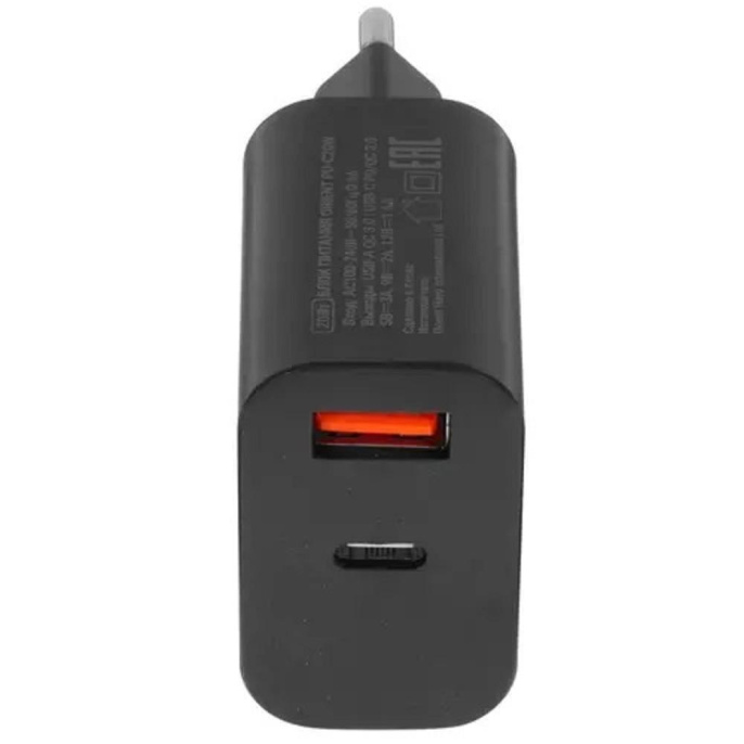 ORIENT PU-C20W, Сетевое зарядное устройство с функцией быстрой зарядки, мощность 20Вт, Quick Charge 3.0+Power Delivery, выходы: USB-A + Type-C, DC 5/9/12/15/20В, цвет черный 31126