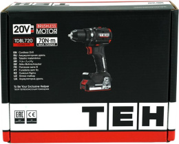 Дрель-шуруповерт TEH TDBL720 (напряжение 20V, обороты: 0-500/2100 об/мин, крутящий момент 70Нм, быстрозажимной патрон 13 мм, в комплекте крюк для ремня, поставляется в коробке, без АКБ и ЗУ)