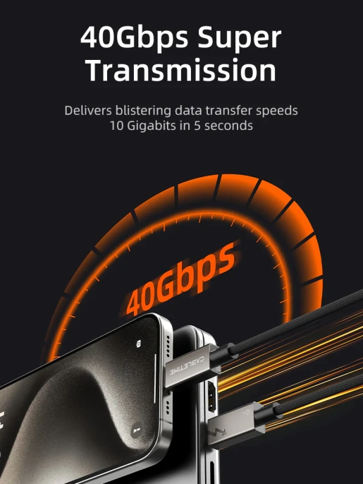 Кабель USB4 CABLETIME CU44L (CT-USB4-ZG2) 2 м, коаксиальный, черный TPE + нейлоновый 40G/240W, АУДИО-ВИДЕО 8K/60HZz