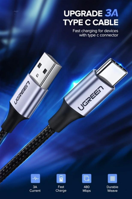 Кабель UGREEN US288-60409, USB-A 2.0 to Type C, 2,4A Fast Charge, скорость до 480 Мбит/с, в нейлоновой оплётке, 3m, White