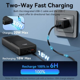 Power Bank Vention 20000mAh Micro-USB/C/A/A со встроенными кабелями 22.5W Чёрный с LED Дисплеем, шт. FHPB0