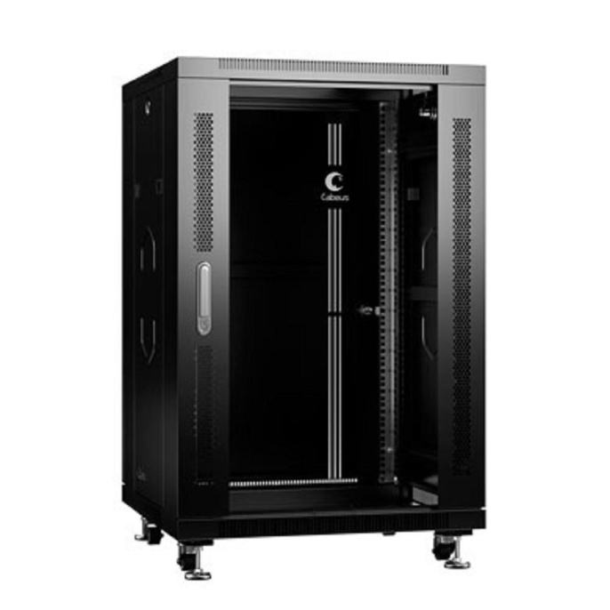 Шкаф коммутационный Cabeus (SH-05C-18U60/60-BK) напольный 18U 600x600мм пер.дв.стекл металл 800кг черный 500мм 220град. 988мм IP20 сталь