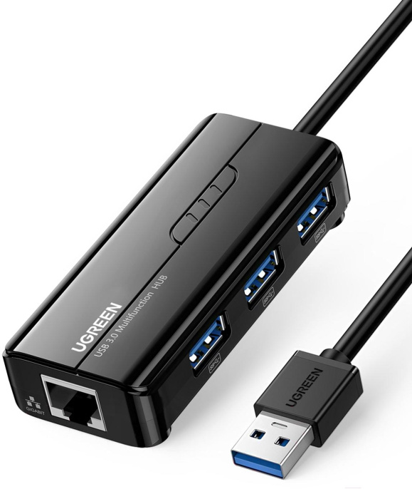 Адаптер сетевой UGREEN 20265 USB 3.0 Hub with Gigabit Ethernet Adapter. Цвет: черный
