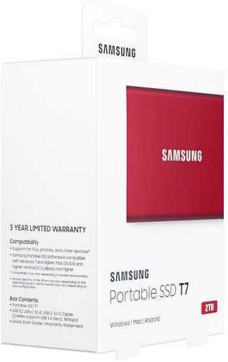 2ТБ Внешний диск SSD Samsung T7 MU-PC2T0R/WW, USB-C, запись - 1000МБ/с, чтение - 1050МБ/с, красный