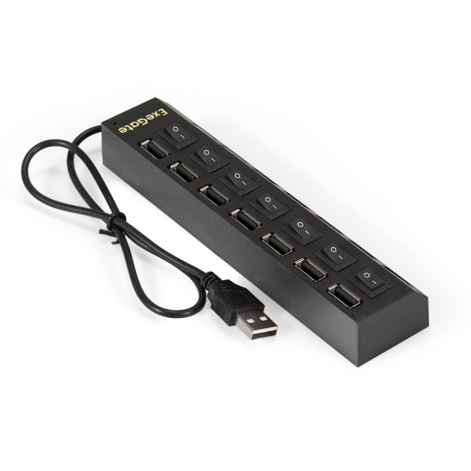 USB-Хаб концентратор 7-в-1 ExeGate DUB-72SW кабель-адаптер USB2.0 -- 7xUSB2.0, кнопки включения/отключения для каждого порта, Plug&Play, черный EX293978RUS