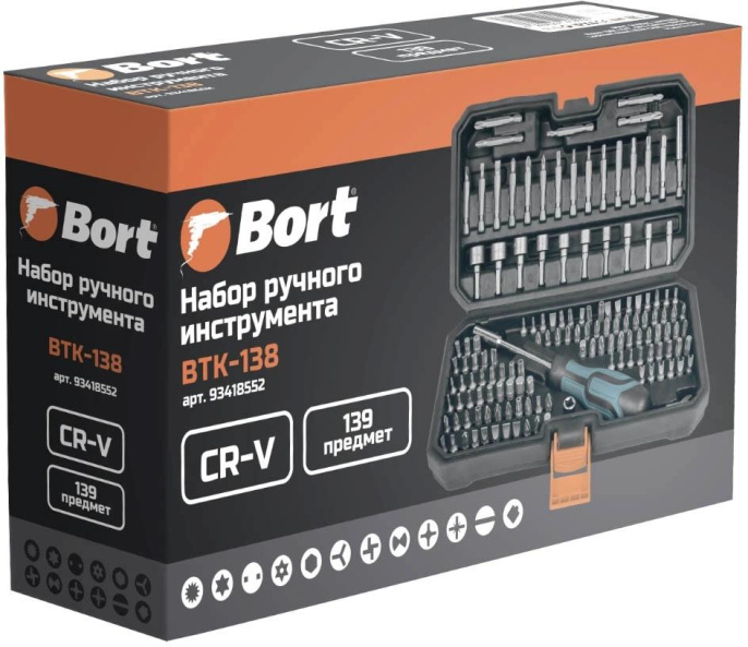 Набор инструментов Bort BTK-138 139 предметов 93418552 отвертка с битами, материал: хромованадиевая сталь CR-V , хвостовик: шестигранный, присоединительный размер папа M : 1/4" Hex, рабочий размер: от 4 до 13 мм