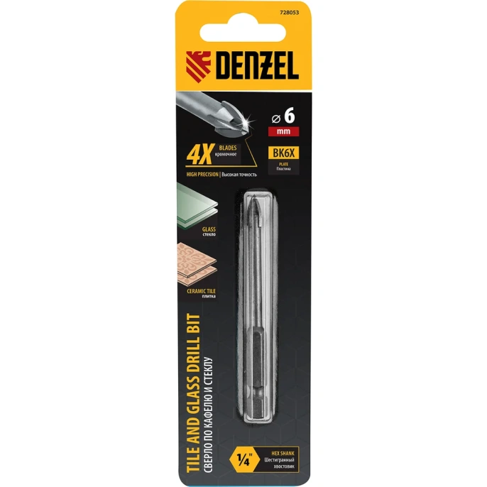 Сверло DENZEL 728053,  по плитке,  6мм,  шестигранный (1/4HEX - E),  1шт