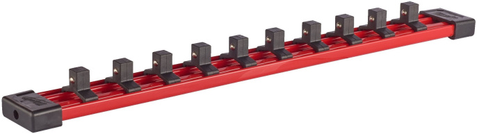 Рейка для головок Milwaukee 3/8" со сменными держателями 350мм 4932480446 гибкие сменные направляющие и зажимы, совместим со стандартными и глубокими головками, съемные торцевые заглушки, шариковый стопорный зажим, отверстия в направляющей расположены