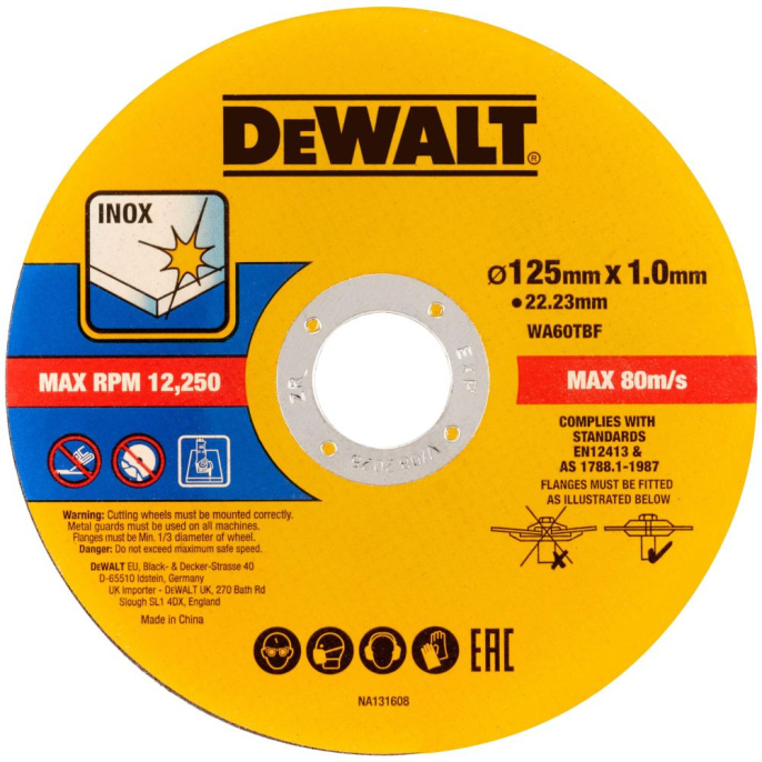 Диск отрезной DeWalt DT20540-QZ (непрерывный, по металлу, диаметр: 125мм, толщина: 1мм, размер отверстия: 22.23 мм, количество в упаковке: 100шт)