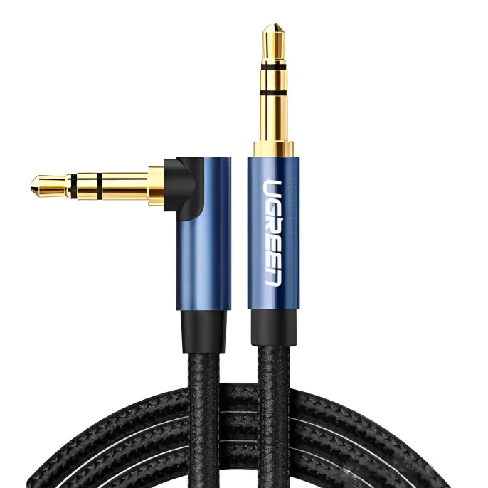 Кабель UGREEN AV112-60178 AUX 3.5mm M to AUX 3.5mm M , улогвой 90°, позолоченные коннекторы, Качество стереозвучания Hi-Fi, в нейлоновой оплётке, 0.5m, Blue-Black