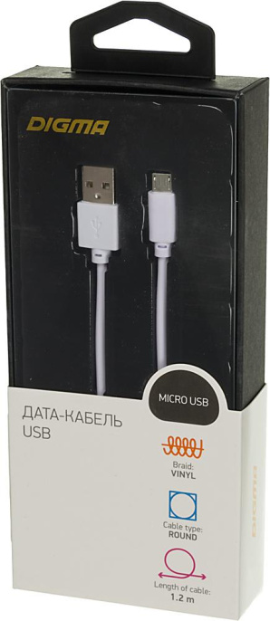 Кабель Digma micro USB m - USB m , 1.2м, 2A, белый [microusb-1.2m-wh]