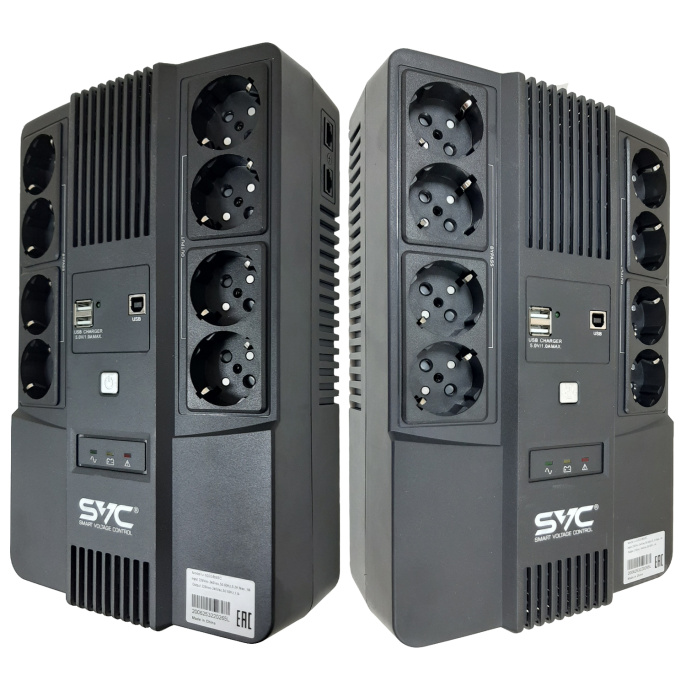 Источник бесперебойного питания SVC 1000ВА/600Вт, Вых.разъёмы: 4 розеток Schuko + 4 розеток Schuko без бат. поддержки + 2*USB A , Светодиодная индикация, Напольный U-1000/BSSC