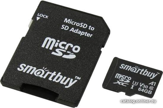 Micro SecureDigital 64GB Smartbuy Advanced Class 10/U3/V30/A1; R/W up to 90/55 с адаптером SD (SB64GBSDU1A-AD)