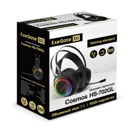 Полноразмерные игровые наушники с микрофоном (гарнитура) ExeGate Cosmos HS-702GL (регулировка оголовья, гибкий дежатель микрофона, объемный звук 7.1, длина кабеля 2.5м, динамик 50мм, 20-20000Гц, RGB подсветка, USB интерфейс, EX289746RUS