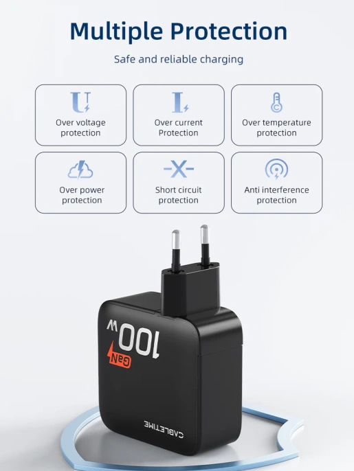 Сетевое зарядное устройство CABLETIME G100B (CT-GAN100-PB) GaN PD3.0 3C1A 100 Вт, черный