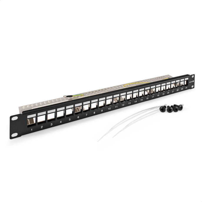 Патч-панель модульная ExeGate EPPB-19-24-STP (19", STP, 24 port, наборная, экранированная, 1U, RoHS, с кабельным органайзером, Black, RTL) EX297321RUS