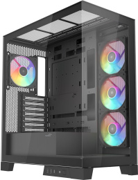 Корпус SAMA V50 Black (V50-BKADA4X1-GL) (материал: сталь SPCC, окно: закалённое стекло, 1xUSB-C, 2xUSB3.0, Audio, без БП, 4x3.5” и 4x2.5”/3.5″, 7 слотов расширения, ATX, длина видеокарты: 410 мм, высота кулера: 180 мм, воздушное охлаждение: сверху 3х120мм