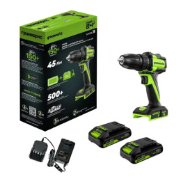 Greenworks DD345, 24V, Дрель-шуруповерт аккумуляторная, бесщеточная, 27/45 Нм,13мм,2х2Ач,ЗУ,кор [3708307CUC]
