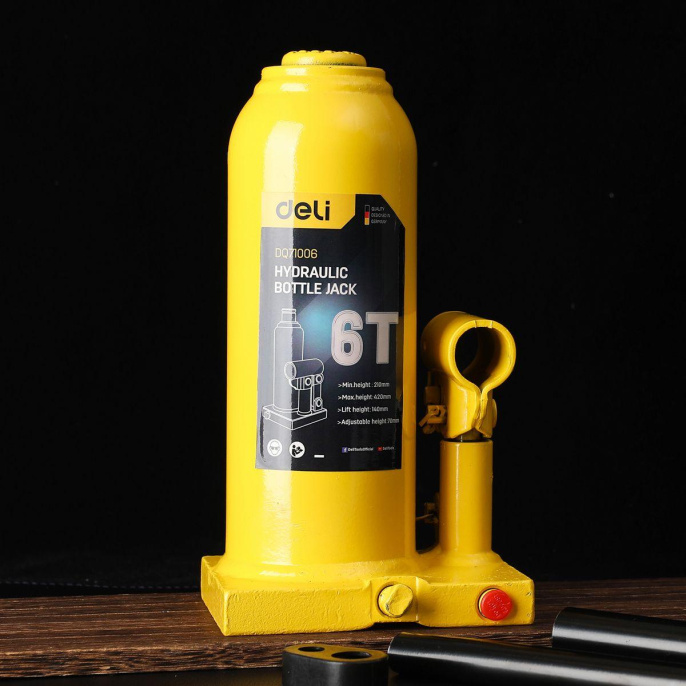 Домкрат бутылочный гидравлический Deli DQ71006 макс.грузоподъемность 6 т, высота подхвата 210мм, высота подъема 420мм, рабочий ход 140мм, ход выдвижного винта 70мм