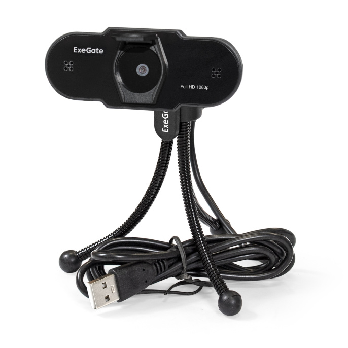 Веб-камера ExeGate BlackView C615 Full HD Tripod 2Мп, 1920х1080, 1080P, 30fps, защитная шторка, штатив Flex в комплекте, фиксированный фокус, 4-линзовый объектив, микрофон с шумоподавлением, универсальное крепление, USB, кабель 1,5 м, Windows® 7/8/10/11,