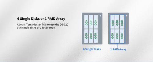 Внешний корпус для жёстких дисков TerraMaster D6-320 DAS tower/JBOD,Single Disk/up to 6 SATA 3,5' or 2,5' /1xUSB3.2 Type-C gen2/1xPS/1YW