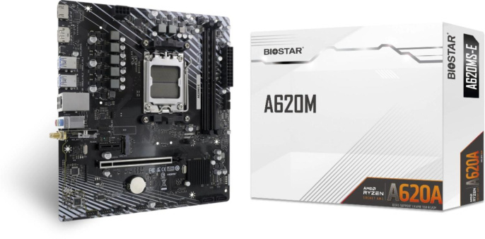 Материнская плата Biostar A620MS-E (ATX, 24.4x22.1 см, AMD A620A, 2xDDR5 DIMM, 8000МГц, до 128GB, звук 7.1, 2xSATA3.0 (6Gb/s), 1xM.2, 1xPCIe4.0x16, 1xPCIe3.0x1, 1хHDMI, 1xDisplayPort)
