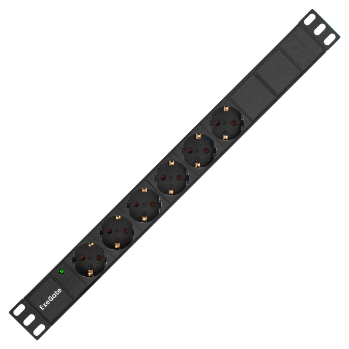 Блок розеток с кабелем с евровилкой ExeGate ServerPro PDU-19H602 Al-6S-EU2CU (19", 1U, Алюминий, 6*EU/Тип F(Schuko), Евровилка EU/Тип F(Schuko) VDE-250V-16A-3*1.5mm2, медь, 2метра, индикатор питания, черный, RTL) EX280827RUS