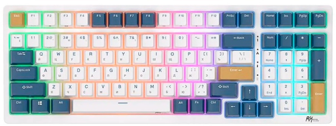 Клавиатура Royal Kludge RK98 белый/голубой/коричневый, механическая, USB/2.4 GHz/Bluetoth, подсветка RGB, горячая замена клавиш Hot Swap, синие свичи