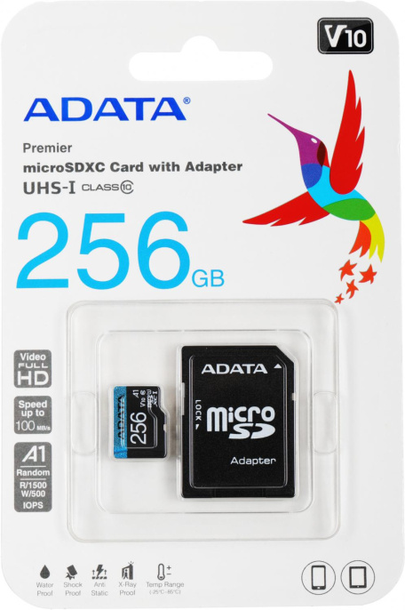 Карта памяти microSDXC UHS-I U1 A-Data Premier 256 ГБ, 100 МБ/с, 10X, Class 10, AUSDX256GUICL10A1-RA1, 1 шт., переходник SD