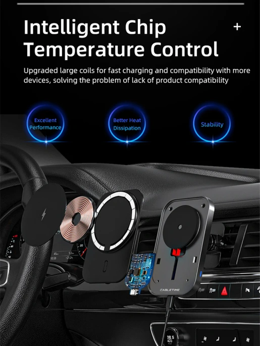 Беспроводное зарядное устройство CABLETIME CE11B (CT-WPH01-PG) автодержатель, Qi-зарядка 15 Вт, быстрая зарядка, автоматическое зажимание, магнитное крепление