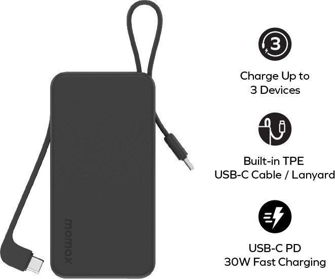 Внешний аккумулятор Momax IP138 1-Power Vital+ 10000mAh Черный IP138D вход USB-C: PD 30 Вт, выходной кабель USB-C1: 30 Вт, выходной кабель USB-C2: 15 Вт, совместимость