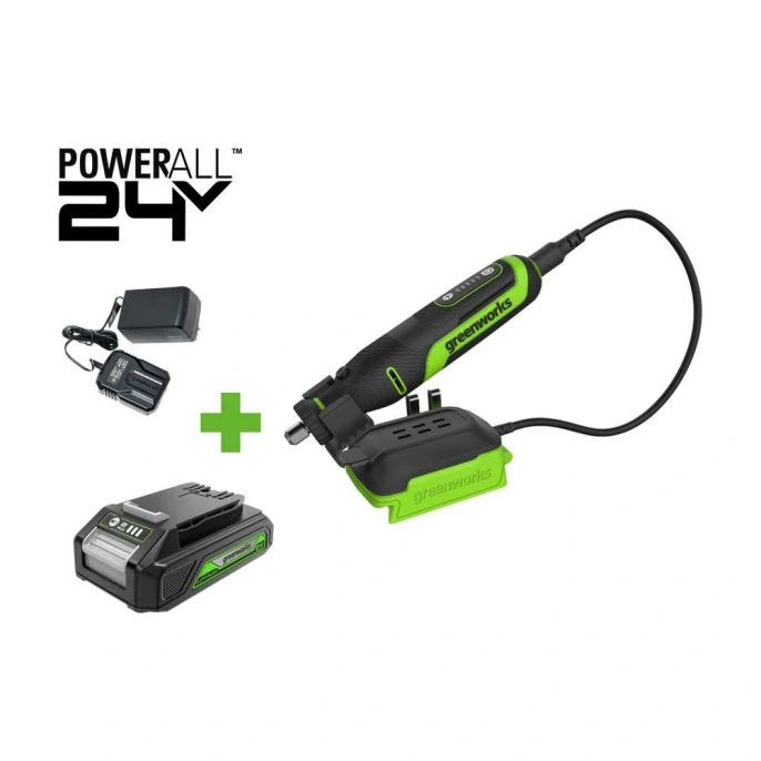 Гравер GreenWorks G24RT, 24V, б/щет, цанги 2.4/3.2мм, 6500–35000 об/мин, оснастка 52 шт, 1x2Ач,ЗУ, сумка, коробка 3200807VUA