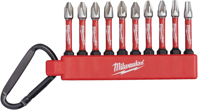 Биты Milwaukee Shockwave 10шт в держателе с карабином №2 (4932492939) (для использования с ударными шуруповертами, 10x50мм: 4xPH2/4xPZ2/1xTX20/1xTX25, геометрия Shock Zone, конструкционная сталь)