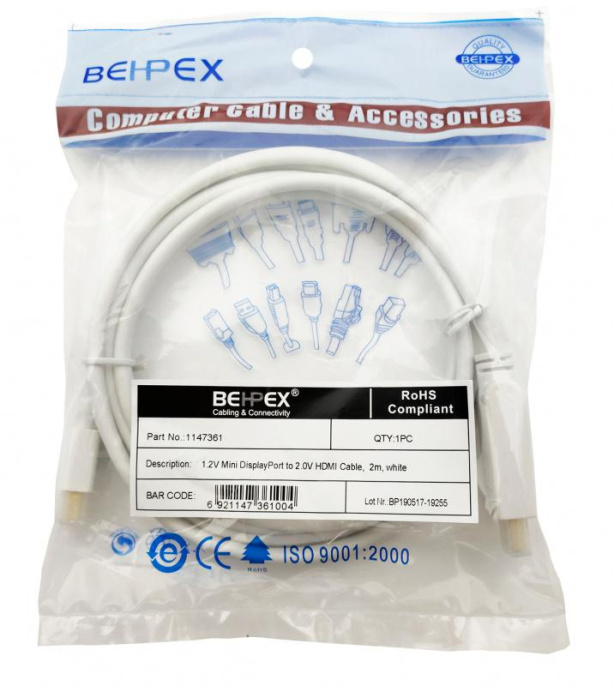 NONAME Кабель BEHPEX 1.2v miniDisplayPort m HDMI m 2м белый 1147361