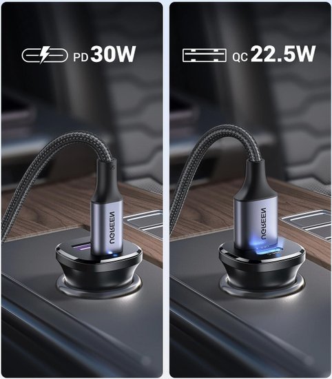 Автомобильное зарядное устройство UGREEN EC305 25845 USB-C PD+USB-A QC 30W Fast Car Charger с чехлом. Цвет: черный (25845_)