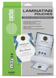 Пленка для ламинирования Cactus CS-LPGA410025,  100мкм,  216х303 мм,  25шт.,  глянцевая,  A4