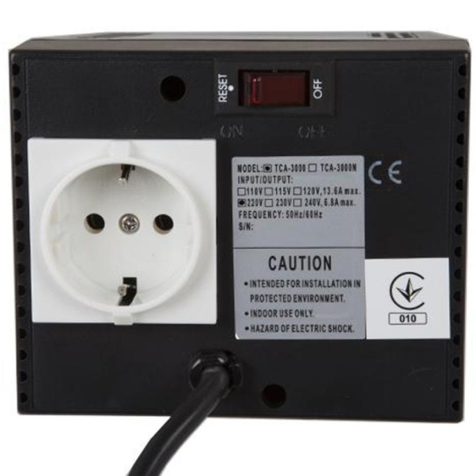 Стабилизатор напряжения Powercom TCA-3000 Черный 1500Вт 3000ВА, 4 розетки Schuko евро с заземлением , светодиодная индикация, защита от КЗ, защита от повышения напряжения, КПД 95%, точность стабилизации: 5%
