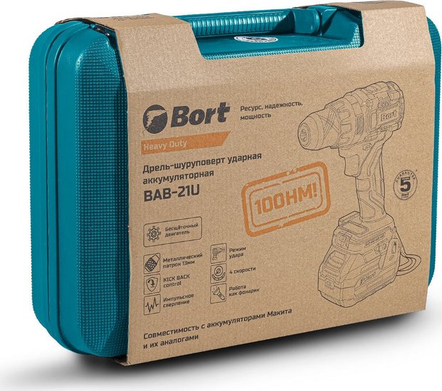 Аккумуляторная ударная дрель-шуруповерт BORT BAB-21U 2x4А.ч 93414837