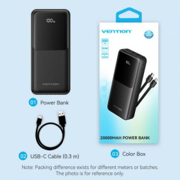 Power Bank Vention 20000mAh Micro-USB/C/A/A со встроенными кабелями 22.5W Чёрный с LED Дисплеем, шт. FHPB0
