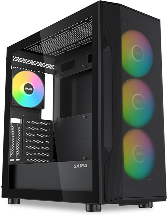 Корпус SAMA S40 Black (S40-BKAPA4X1-GL) (материал: сталь SPCC, окно: закалённое стекло, 1xUSB-C, 2xUSB3.0, Audio, без БП, 3x3.5” и 3x2.5”/3.5″, 7 слотов расширения, ATX, длина видеокарты: 415 мм, высота кулера: 164 мм, воздушное охлаждение: сверху 3х120мм
