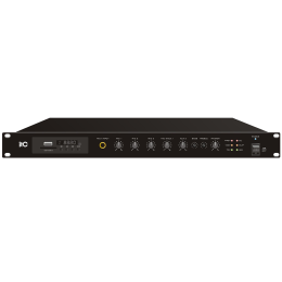 Мини-усилитель ITC T-B60, USB, SD-карта, FM-приёмник, Bluetooth; выходная мощность: 60 Вт; выход: 100 В / 4-16 Ом; частотный диапазон: 80 Гц…16 кГц; входы: 1 х микрофонный TRS 6,3 мм, 2 х линейный RCA