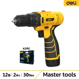 Дрель-шуруповерт аккумуляторная DELI DL-DZ12-5A2 1 акб, 12В х 2Ач, ЗУ, 30 Нм, кейс 164630