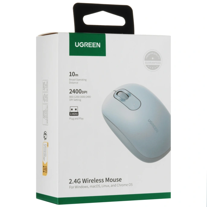 Мышь UGREEN MU105-90671, 800/1200/1600/2400 DPI,функция бесшумного режима, Режим: беспроводной -2,4 ГГц, рабочее расстояние: 10 м, рабочее напряжение: 1,5 В, рабочий ток: 10 мА, щелочная батарея AA (входит в комплект), совместимые системы: Windows 7/8.1/1